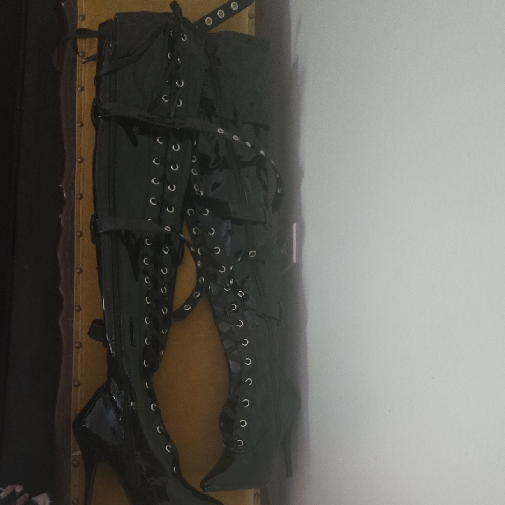Halloween Costume Dress Up Black Lace-Up Zipper Thigh-High Faux Leather Boots